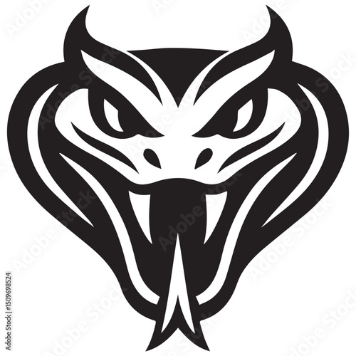 Black  white stylized cobra head fangs bared menacing expression horned brow