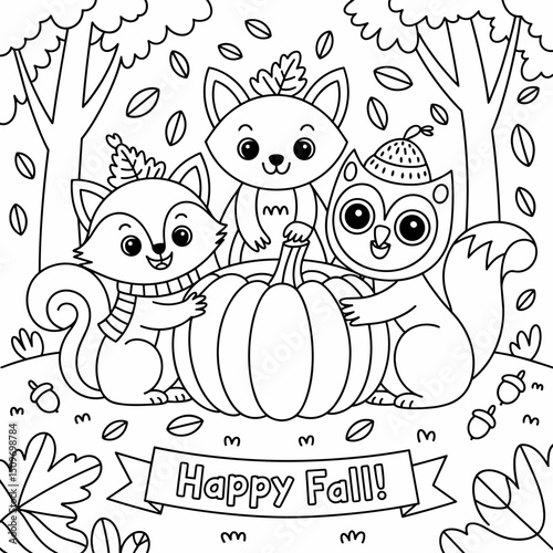  fall outline, fall coloring page, fall coloring, summer coloring, kawaii animal coloring, outline, illustration, cute coloring book cover, cover, cute kids illustration, cartoon cover, cartoon illust