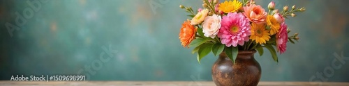 Vibrant spring bouquet in a rustic vase, adding a burst of fresh, natural beauty to a home interior Perfect for decorating with a touch of springtime cheer , decorating, colorful