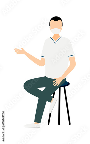 Simple illustration of a male nurse with a broad forehead talking while sitting in a chair