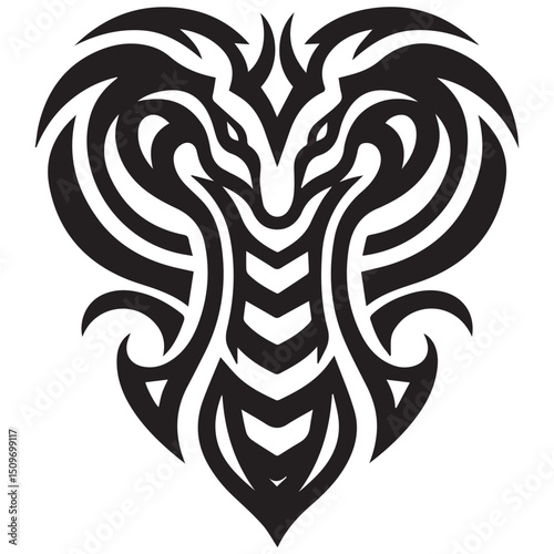A stylized cobra in black and white with a tribal tattoo design fangs bared and hood flared