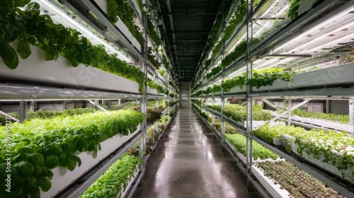 Modern hydroponic farming techniques indoor greenhouse agricultural innovation urban environment aisle viewpoint sustainable practices