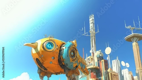 Futuristic avian automaton soaring above cityscape offering glimpses into tomorrow