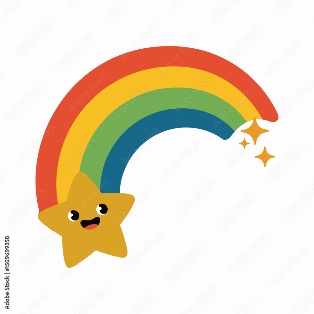 Fototapeta premium Cute Smiling Star with Rainbow and Sparkles – Colorful Cartoon Vector Illustration