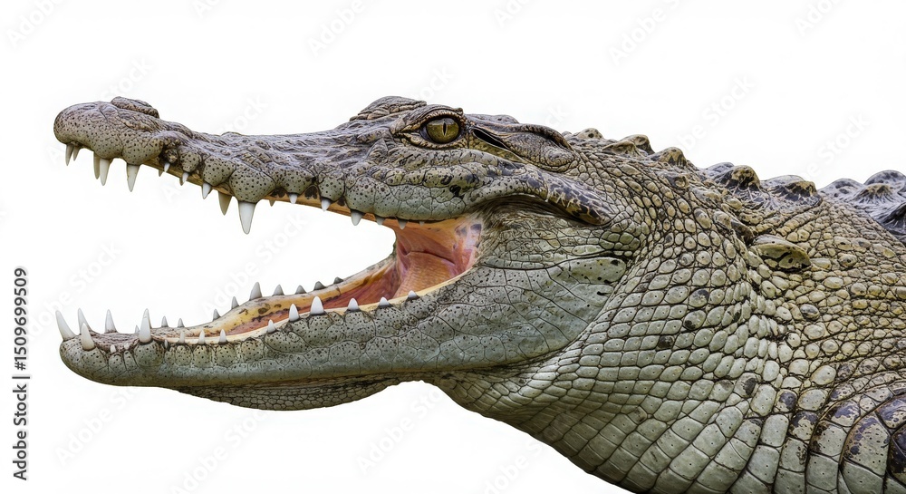 Fototapeta premium Crocodile head open mouth detailed texture on white background for wildlife photography 