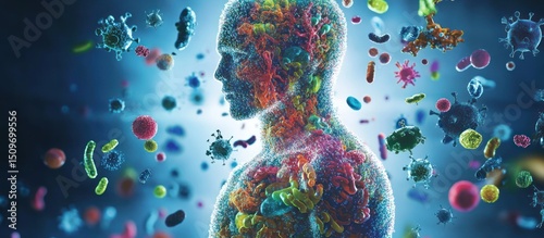 A human silhouette is filled with various colorful microorganisms and pathogens