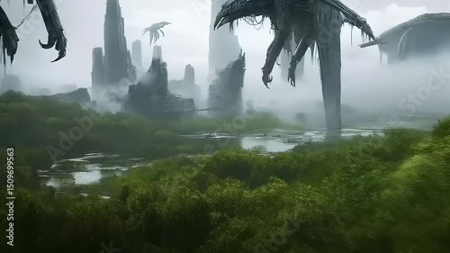 Dystopian Future Landscape with Robotic Creatures and Industrial City Ruins