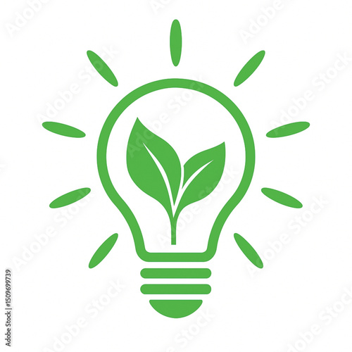Eco-Friendly Light Bulb Icon with Green Leaves – Symbol of Clean Energy and Environmental Sustainability