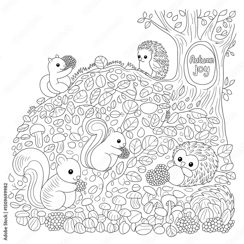Obraz premium fall outline, fall coloring page, fall coloring, summer coloring, kawaii animal coloring, outline, illustration, cute coloring book cover, cover, cute kids illustration, cartoon cover, cartoon illust