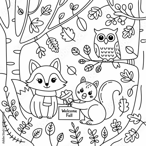  fall outline, fall coloring page, fall coloring, summer coloring, kawaii animal coloring, outline, illustration, cute coloring book cover, cover, cute kids illustration, cartoon cover, cartoon illust