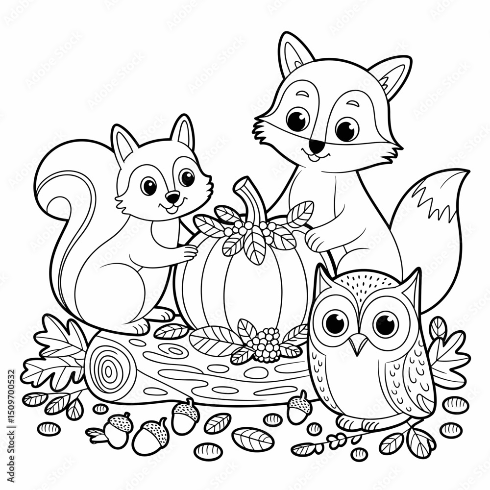 Obraz premium fall outline, fall coloring page, fall coloring, summer coloring, kawaii animal coloring, outline, illustration, cute coloring book cover, cover, cute kids illustration, cartoon cover, cartoon illust