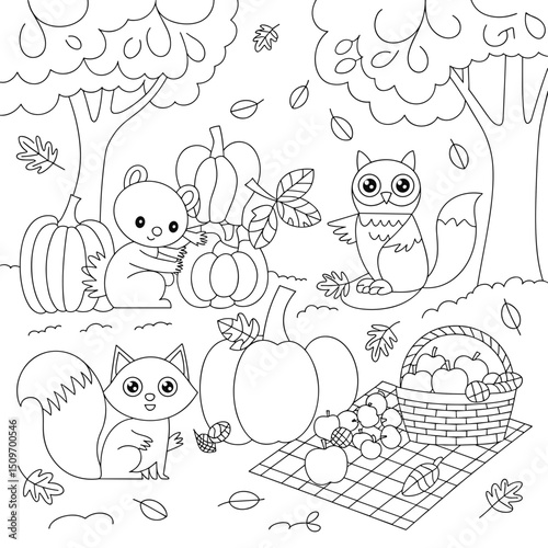  fall outline, fall coloring page, fall coloring, summer coloring, kawaii animal coloring, outline, illustration, cute coloring book cover, cover, cute kids illustration, cartoon cover, cartoon illust