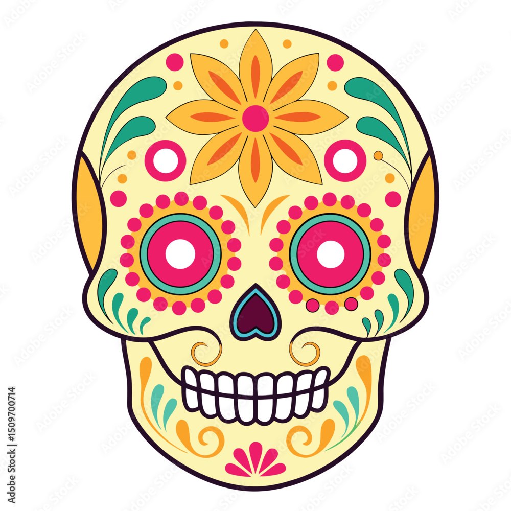 Obraz premium Colorful Ornate Sugar Skull with Intricate Floral Patterns | Day of the Dead Mexican Folk Art
