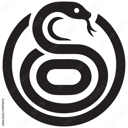 Black circular emblem of a snake coiled around a central void with a split tongue and single eye