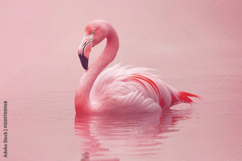 Fototapeta premium Elegant Flamingo Standing Gracefully in Calm Pink Water Background