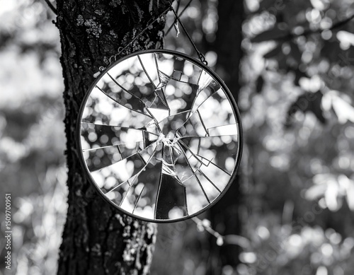 Cinematic black and white composition of a shattered mirror hanging from a tree photo