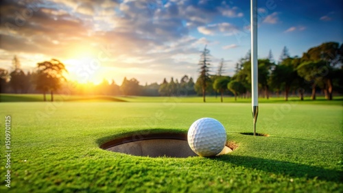 A golf ball rolling into a hole on a green grass surface with a flagstick in the background , course, hole