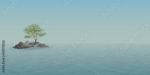 Minimalist seascape with lonely tree grows on the rocks in the middle of the sea have blue sky background graphic illustration.