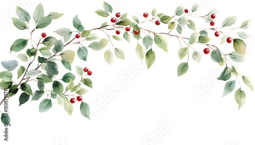 Wallpaper Mural Watercolor minimalist greenery with red berries border frame, white background.  Torontodigital.ca