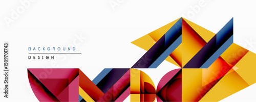 Abstract geometric background. Vibrant shapes overlap, creating dynamic visual effect. Yellow, purple, red hues dominate composition. Modern design element.