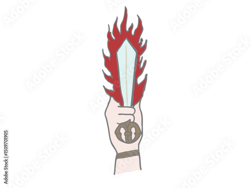 Illustration of a flaming sword held in the hand of a Buddha statue
