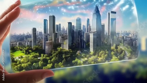 A Futuristic Vision of Urban Development in Hand, Clear Block with City