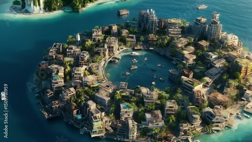 Aqueous Metropolis: Architectural marvel on a thriving island ecosystem paradise
