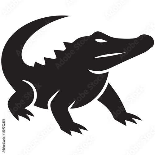Silhouette of a fourlegged alligator with a curled tail and spiked back