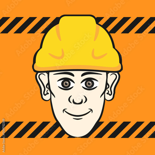vector illustration of a man wearing a hard hat on a orange construction background