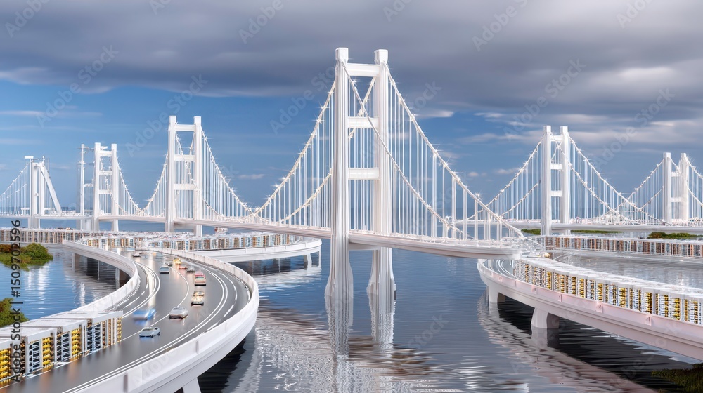 Naklejka premium Futuristic City Infrastructure: Modern Bridge Design with Efficient Urban Transportation