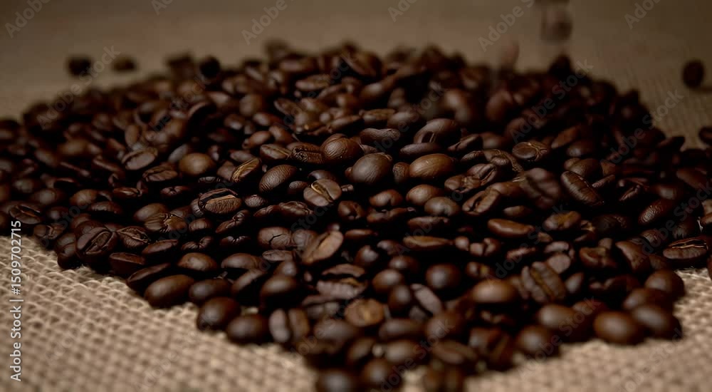 Coffee beans scattered on burlap Coffee beans scattered on burlap