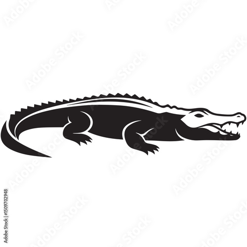 A black silhouette of an alligator with sharp teeth and claws is positioned horizontally
