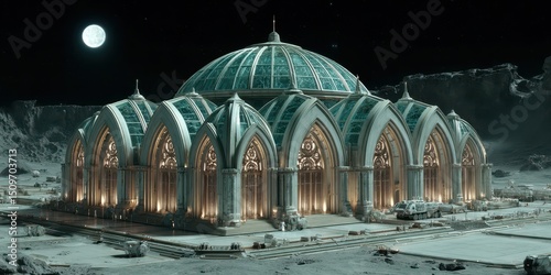Lunar gothic structure under a celestial moon. photo
