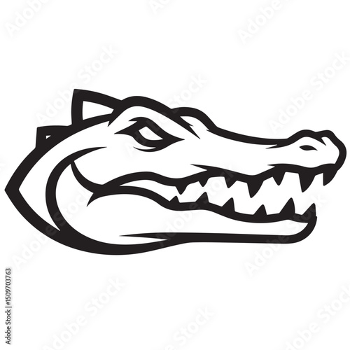 Black  white image of an alligator head with sharp teeth and ridge