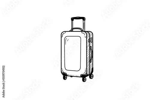 Hand-drawn sketch style rolling luggage suitcase icon with extended handle and wheels, perfect for travel and airport-related vector illustrations on a clean white background.