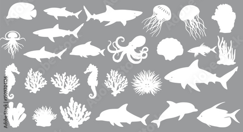 Ocean Life Silhouettes: Sharks Dolphins Jellyfish Coral Sea Life Clipa