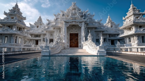 Exquisite White Temple Architecture in Chiang Rai, Thailand Reflected in Pool