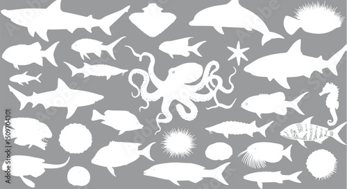 Ocean Life Silhouettes: Sharks Fish Octopus Sea Creatures Clipart