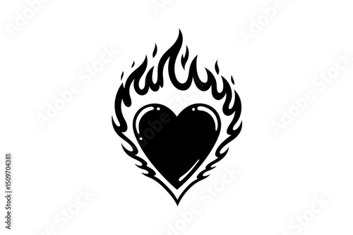 Black heart icon surrounded by rising flames, symbolizing burning passion or emotional intensity, rendered in tattoo-style grunge art on a clean white background.