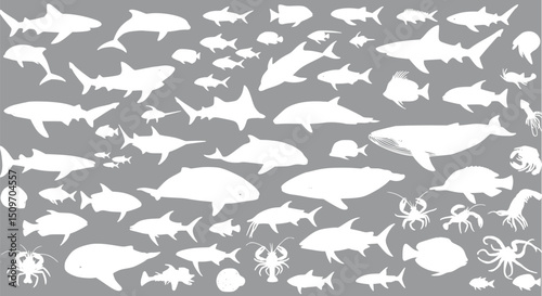 Ocean Wildlife Silhouettes: Sharks Whales Fish and Crustaceans