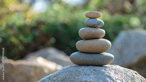 A stack of five rocks, arranged in a pyramid-like formation, with a blurred natural background. photo