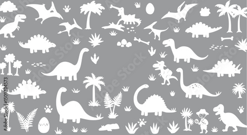 Cute White Dinosaurs Pattern Prehistoric Animals Kids Wallpaper Grey B