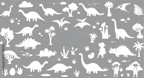 Cute White Dinosaur Silhouettes Grey Background Printable Pattern