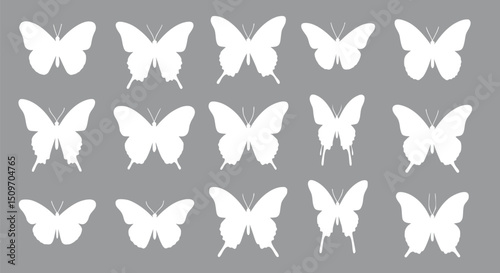 15 White Butterfly Silhouettes Grey Background Pattern Vector Illustra