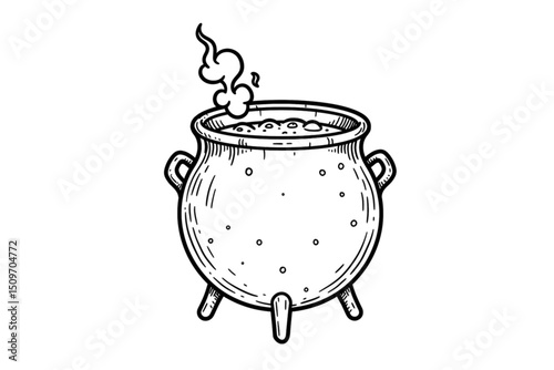 Vintage cauldron with boiling potion in black and white sketch style, vector illustration isolated on transparent background for Halloween or fantasy themes