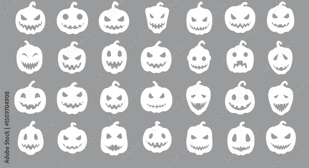 30 Halloween Jack-o'-lantern Faces: White Pumpkins on Gray Background