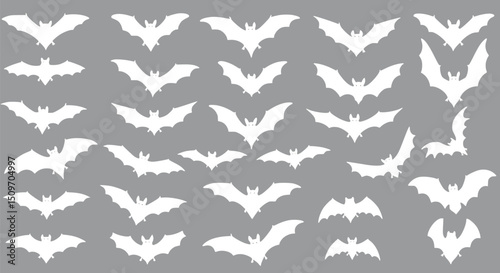 White Bats Flying Silhouettes Halloween Background Grey