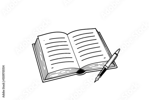 Open book with pen illustration in monochrome sketch style, isolated on transparent background for education, writing, or reading themes