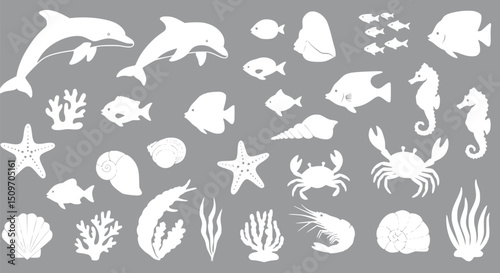 White Silhouettes of Ocean Animals & Sea Life:  Perfect for Prints Des