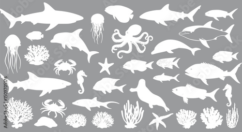 Ocean Life Silhouettes: Sharks Dolphins Fish Coral Octopus Jellyfish S